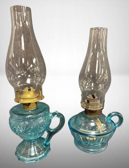 (2) EAPG Blue Glass Finger Hold Oil Lamps (1 of 9)
