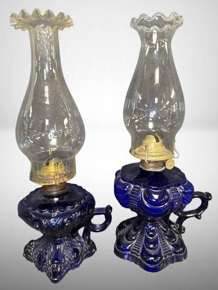 (2) EAPG Cobalt Blue Glass Oil Lamps (1 of 9)