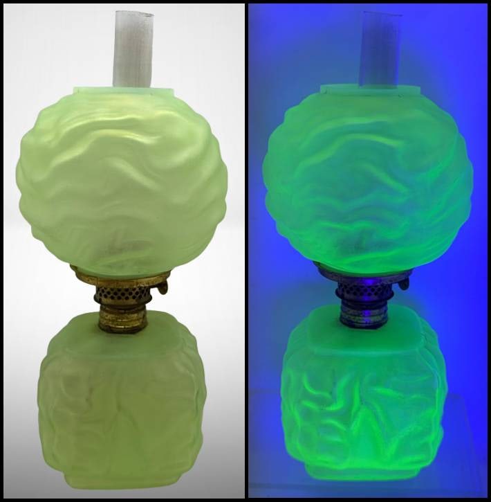 Green Satin Glass Oil Drape Miniature Lamp With Uranium Glow (1 of 13)