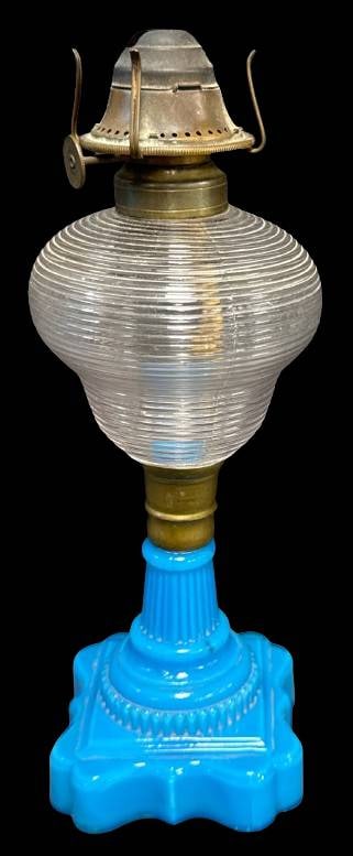 Oil Lamp with Blue Glass Base and Ribbed Font (1 of 9)