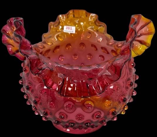 Amberina Hobnail Ruffled Lamp Shade: A vivid Amberina hobnail lamp shade with a ruffled design, featuring a 4-inch diameter base. Free of chips, cracks, and repairs, this piece is an appealing collectible for enthusiasts of classic glass