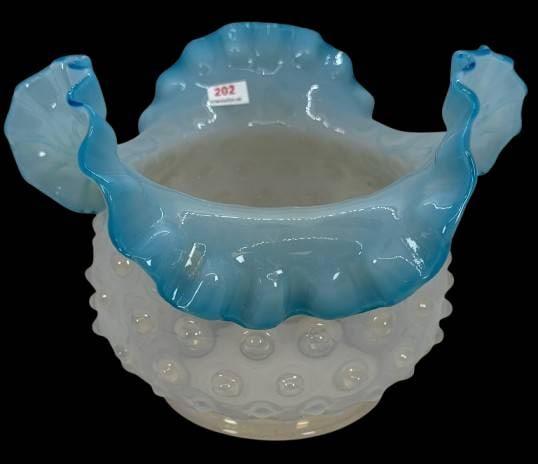 Blue Opalescent Hobnail Ruffled Lamp Shade: This blue opalescent hobnail ruffled lamp shade features a 4.75-inch diameter base. It is free of chips, cracks, or repairs, making it a fine addition to any collection or lighting fixture. Stands 7"h