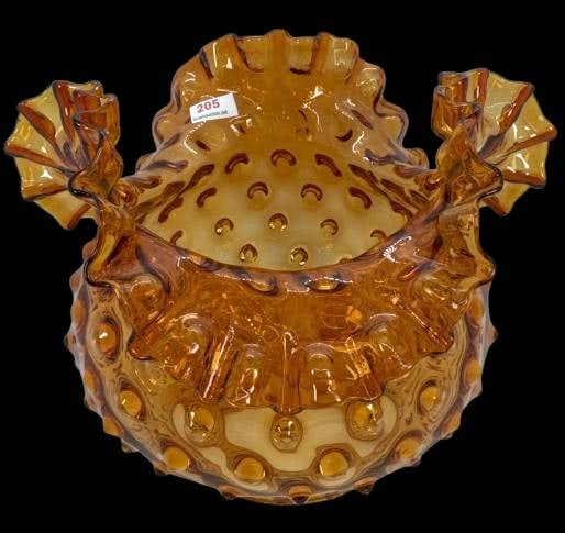 Amber Hobnail Shade With Ruffled Design: This hobnail shade, featuring a 4-inch diameter base, is crafted in amber glass with a ruffled design. It is in pristine condition, free from chips, cracks, or repairs. A beautiful example of fine cra