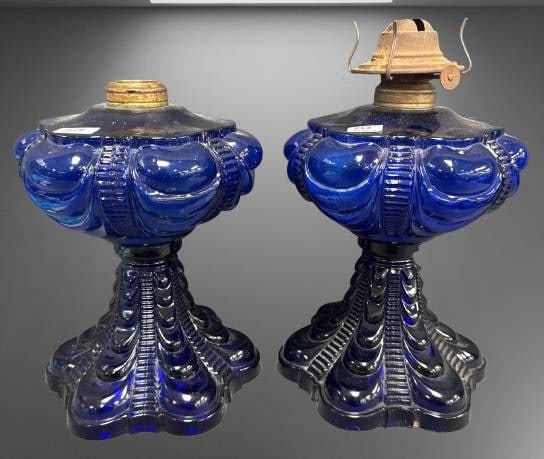 (2) Cobalt Coolidge Drape Kerosene Lamp Bases (1 of 10)