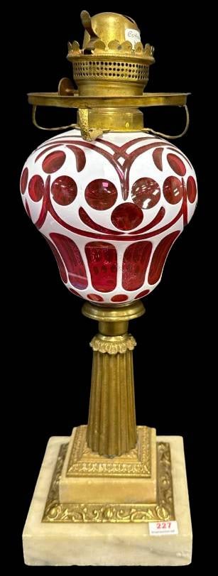 1860's White over Cranberry Cut-to-clear Glass Kerosene Lamp (1 of 9)