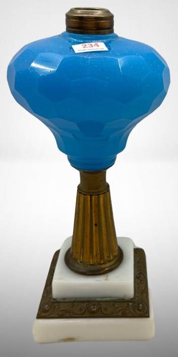 Blue Opaline Glass Oil Lamp with Brass and Marble Base (1 of 7)