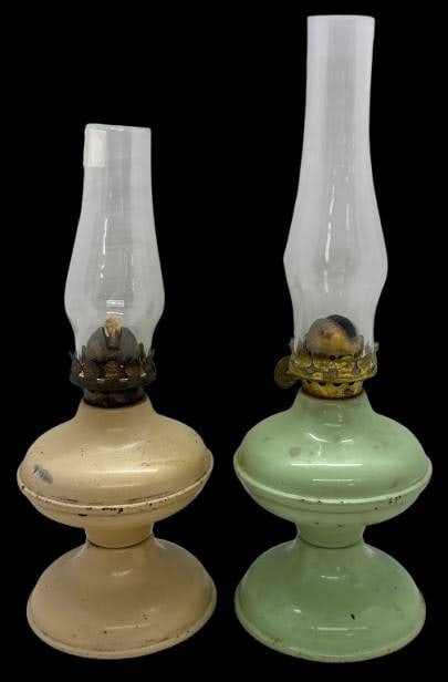 (2) Tin Miniature Oil Lamps with Glass Chimneys (1 of 6)