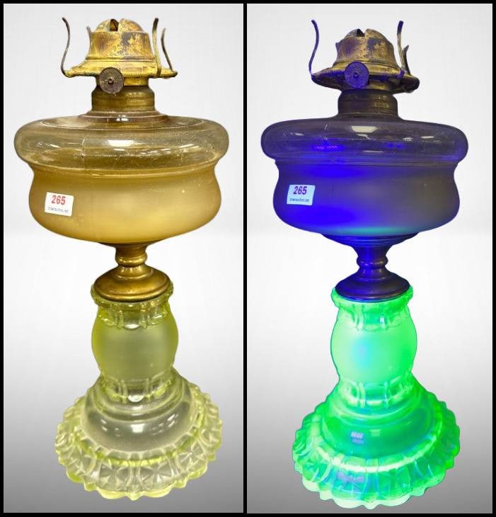 Vaseline Glass Oil Lamp with Brass Fittings: This captivating Vaseline glass oil lamp features an ornate brass fitting and base, displaying its unique uranium glow under UV light. It has couple base chips as shown. A collectible decor piece show