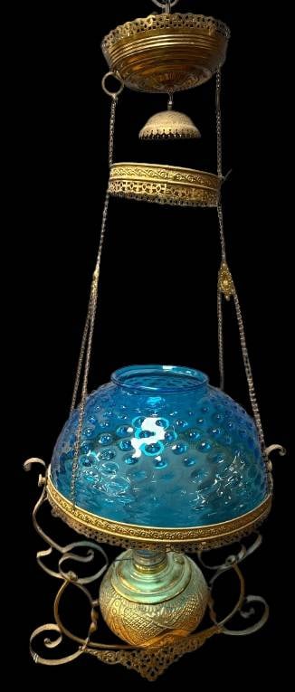 Hanging Oil Lamp with Blue Glass Shade (1 of 13)