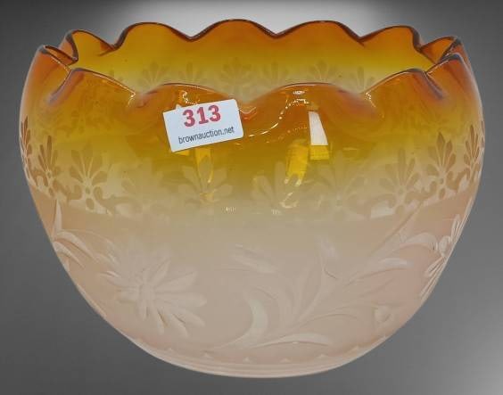 Amber and Frosted Glass Etched Lamp Shade: This amber and frosted glass lamp shade features a scalloped edge and floral etching throughout its surface. A subtle gradient blends warm amber hues into frosted glass with intricate details. Measure