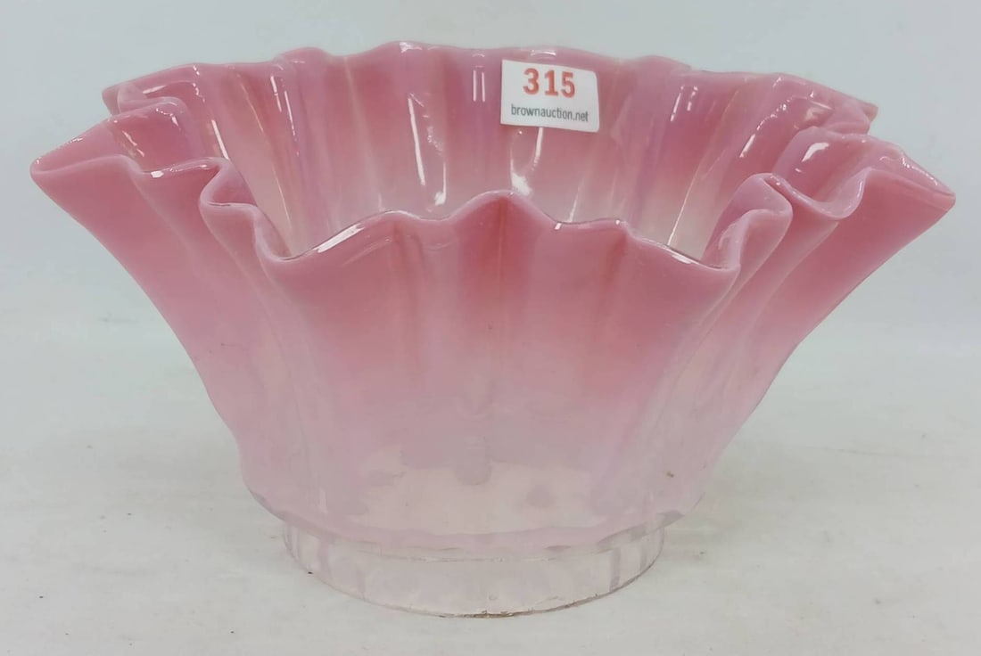 Art Glass Pink Oil Lamp Shade: This Art Glass oil lamp shade features a crimped top design in pink, free of chips, cracks, or repairs, with 1 chips on fitter rim. It measures approximately 3" in height with a 2 11/16" diameter fitt
