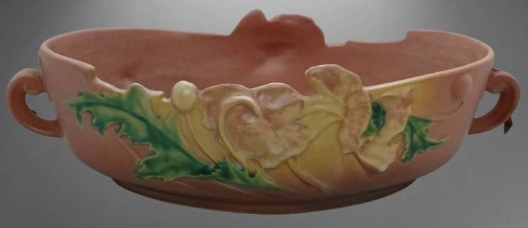 Roseville Poppy 339-12" Console Bowl, Pink: Roseville Poppy 339-12" console bowl in pink with floral relief design. Features two handles. Repaired at the top edge as shown in photos. Clear markings on the base indicating model and maker. In-hou