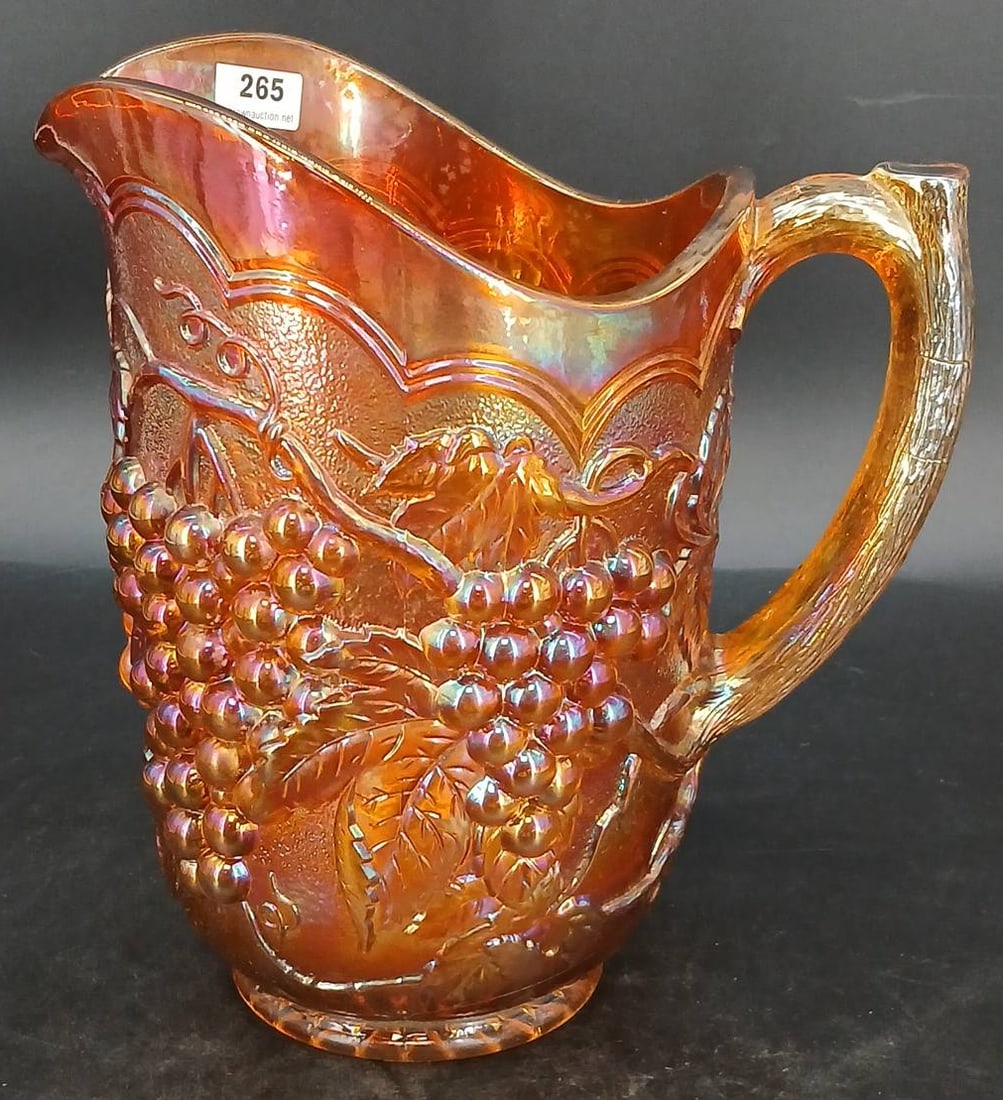 Imperial Carnival Glass Grape Pitcher: Imperial Carnival Glass Grape 8.5"h marigold pitcher.
