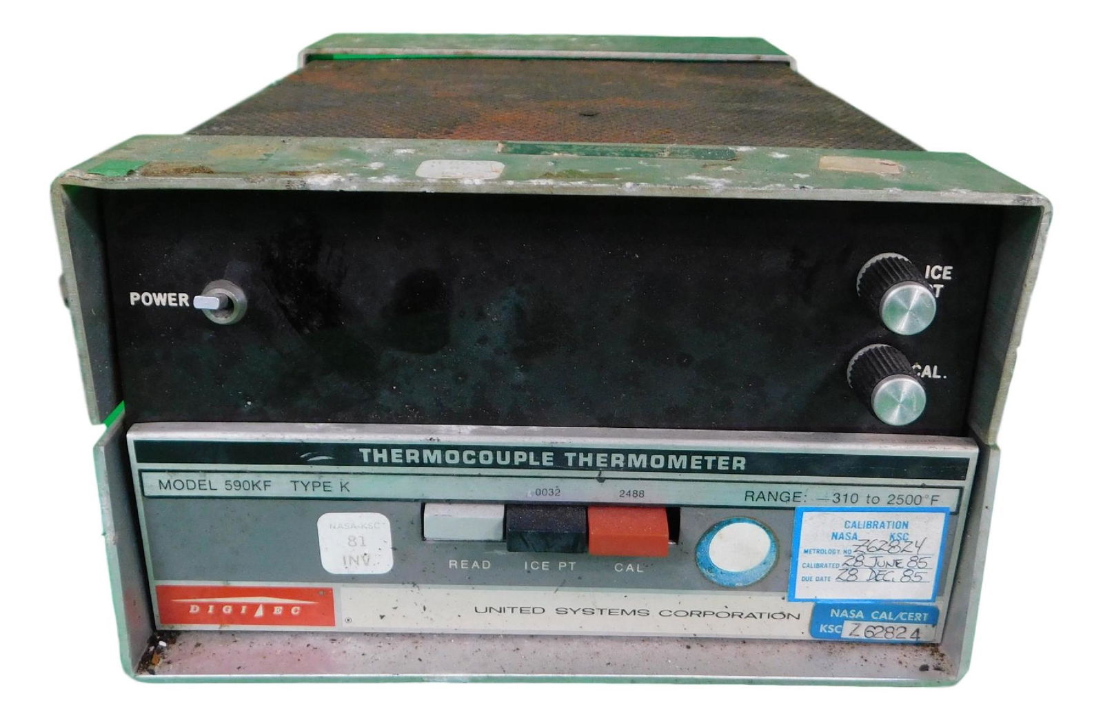 NASA SPACE SHUTTLE THERMO COUPLE THERMOMETER: NASA Space Shuttle Mission Thermo Couple Thermometer Made by Model 590K Part No KSC Z62824 Piece is 5" by 12" by 7 1/2“ All items from the Estate of Charles Bell space auction in May of 200