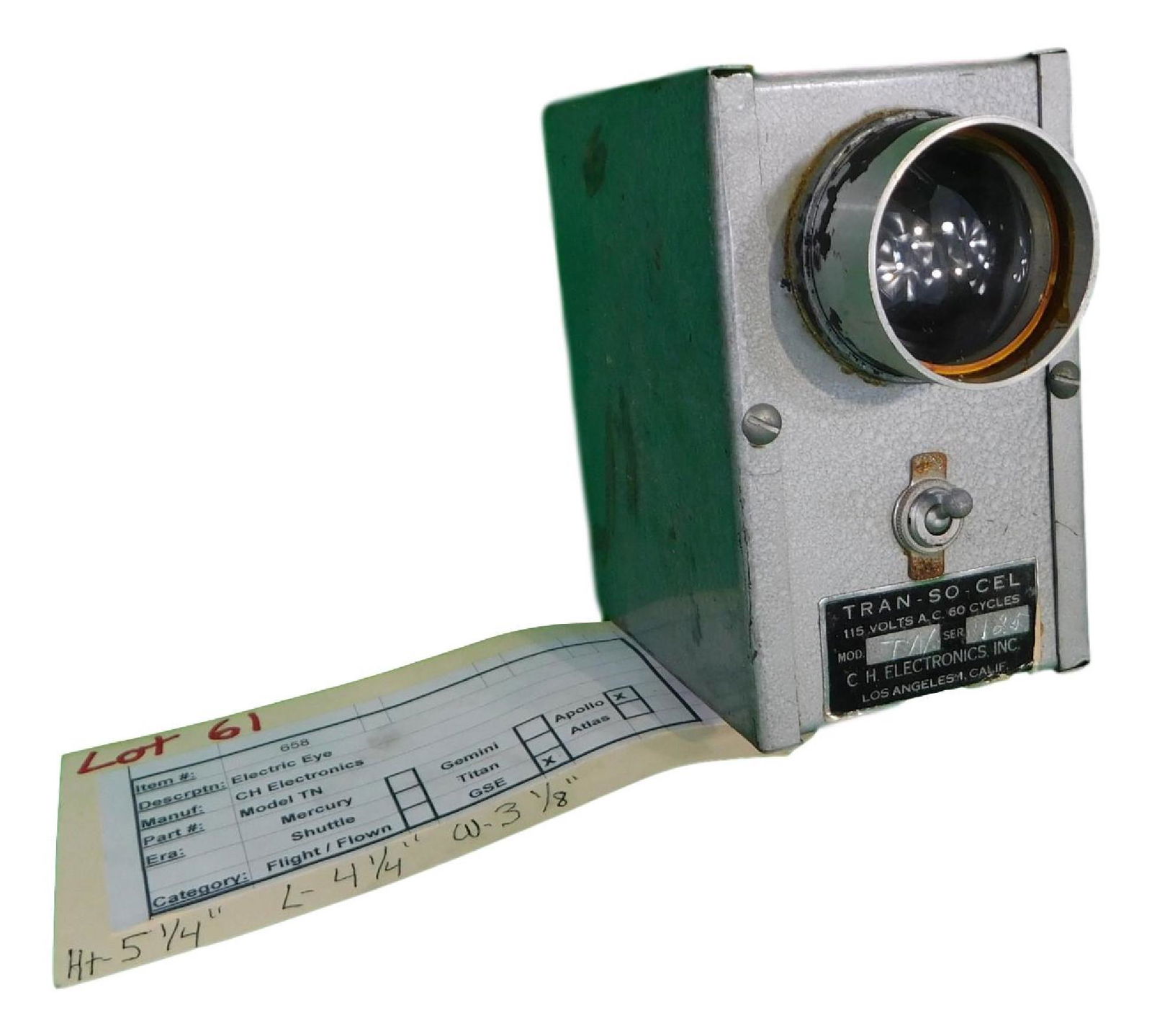 NASA-Apollo Mission Electric Eye: NASA-Apollo Mission item Electric Eye Made by CH Electronics Part No. Model TN piece is 5 1/4" by 4 1/4" by 3 1/8" All items from the state of Charles Bell space auction in May of 2000All item for thi