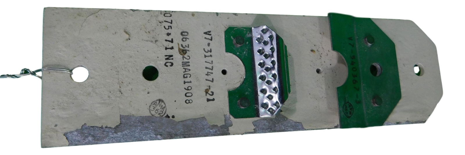 Flown NASA Space Shuttle Orbiter Retainer Clips: Flown NASA Space Shuttle item Space Shuttle Orbiter Retainer Clips Made by North American Aviation Part No. V7-317747-21 piece is 1/8" by 7" by 2" All items from the state of Charles Bell space auctio