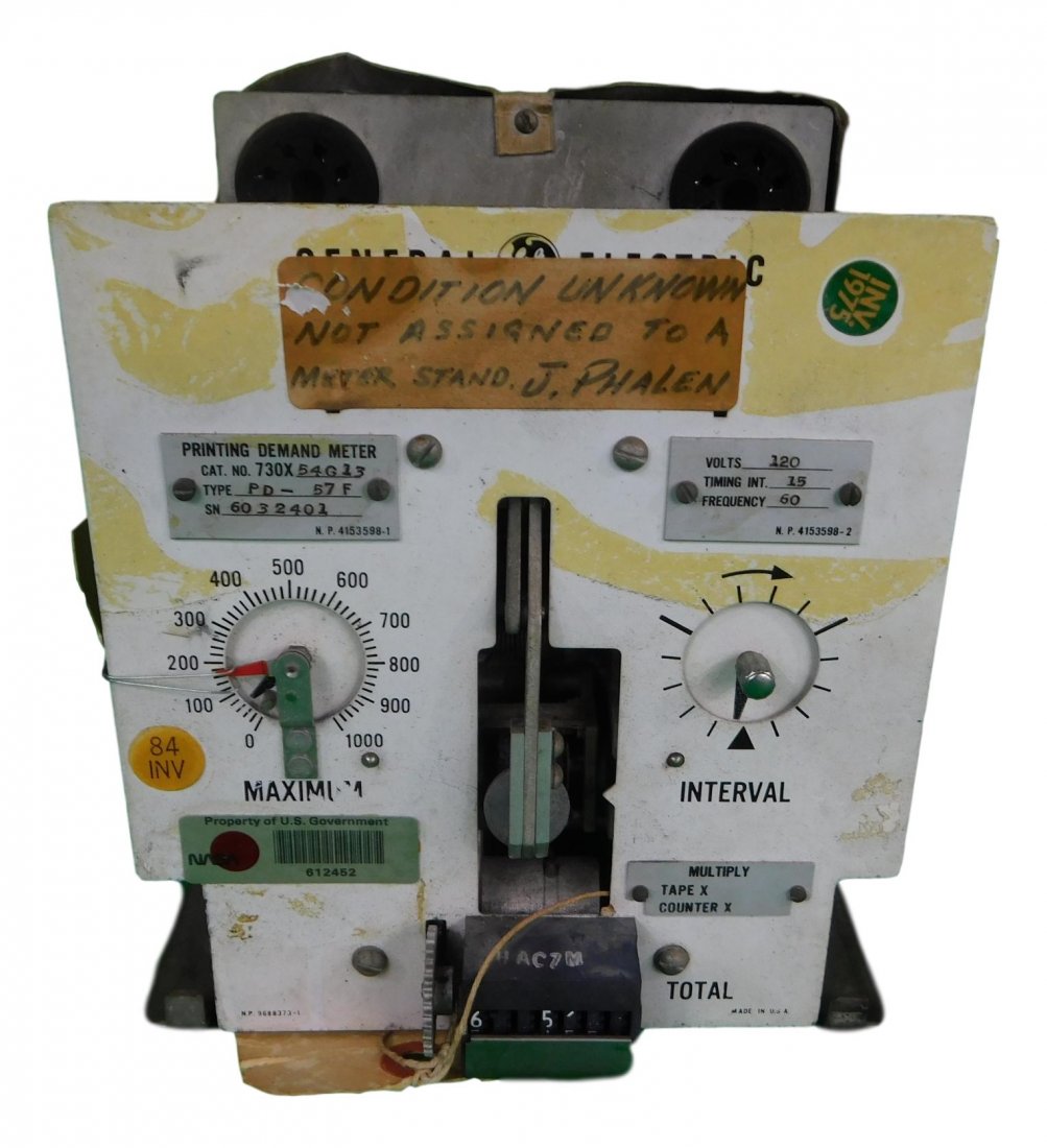 NASA APOLLO PRINTING DEMAND METER: NASA Apollo Mission Printing Demand Meter Made by GE Part No Type PD-57F Piece is 7“ by 7“ by 6 1/2“ All items from the Estate of Charles Bell space auction in May of 2000All item for this Aucti