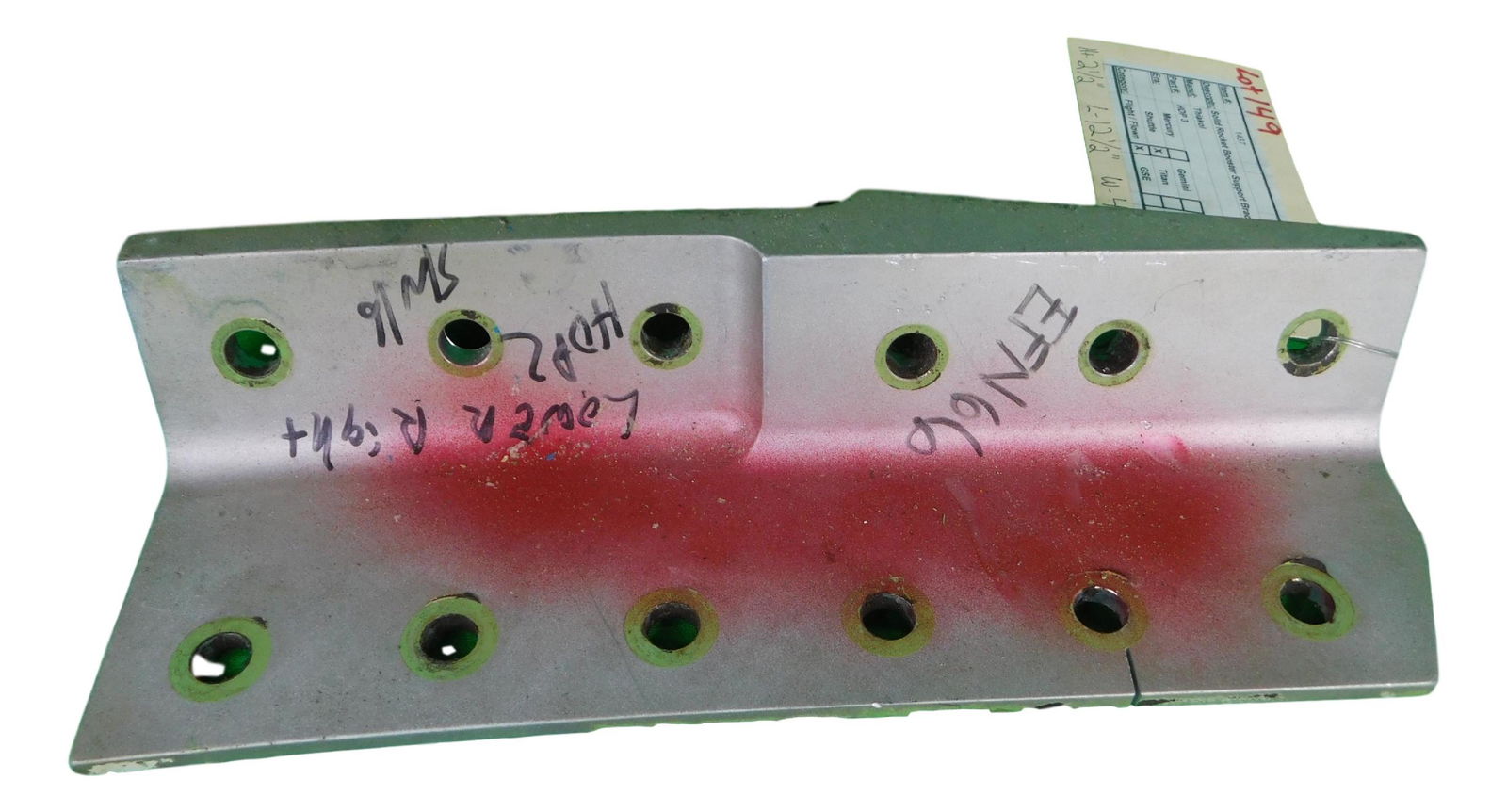 FLOWN NASA SPACE SHUTTLE SOLID ROCKET BOOSTER SUPPORT: FLOWN NASA Space Shuttle Mission Solid Rocket Booster Support Bracket Made by Thiakol Part No HDP3 Piece is 2 1/2“ by 12 1/2“ by 4“ All items from the Estate of Charles Bell space au