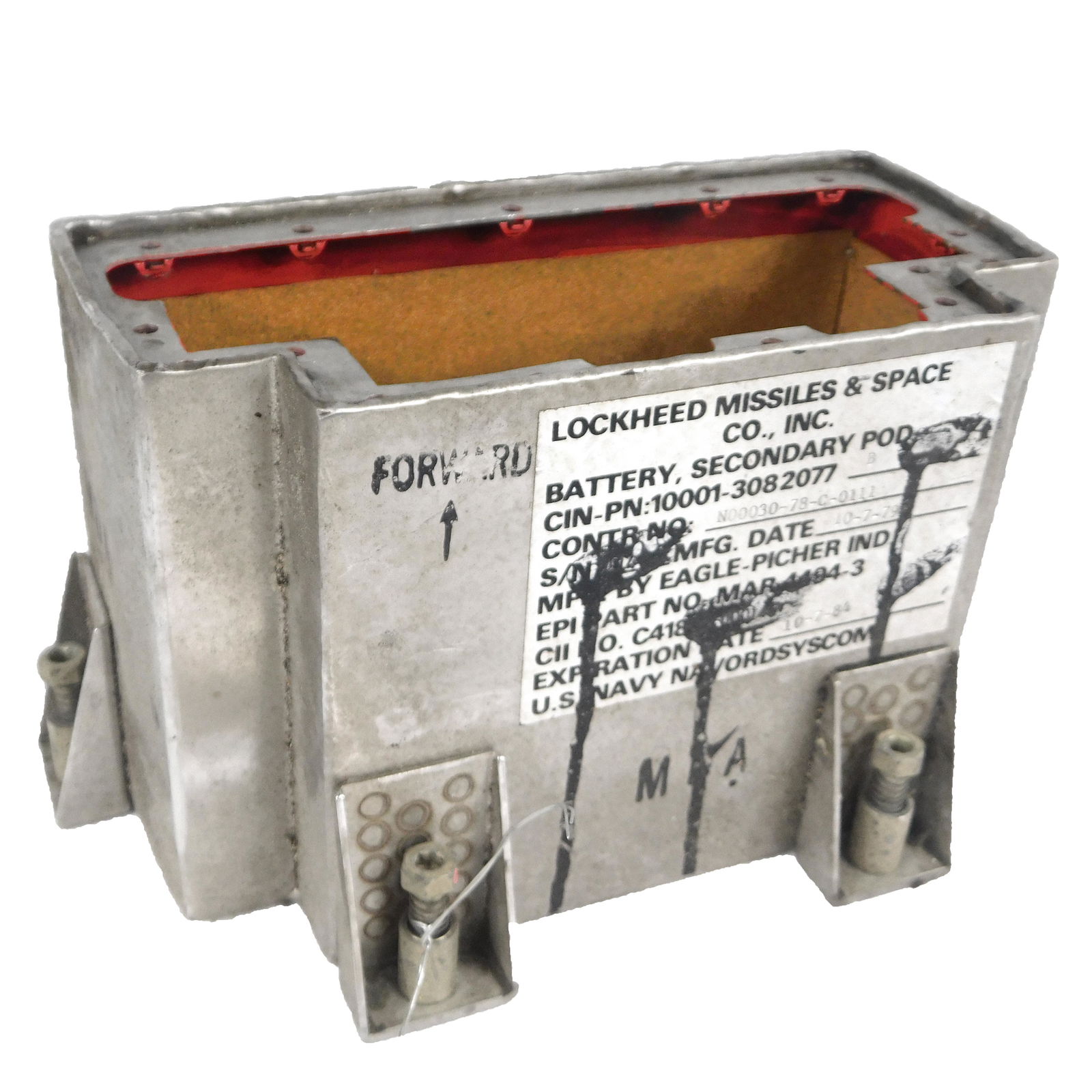 NASA SPACE SHUTTLE SECONDARY POD BATTERY (POLARIS): NASA Space Shuttle Mission Secondary Pod Battery (Polaris) by Eagle-Picher Industries Part No 10001-3082077 Piece is 4 3/4“ by 4" by 7 1/2“ All items from the Estate of Charles Bell space auction