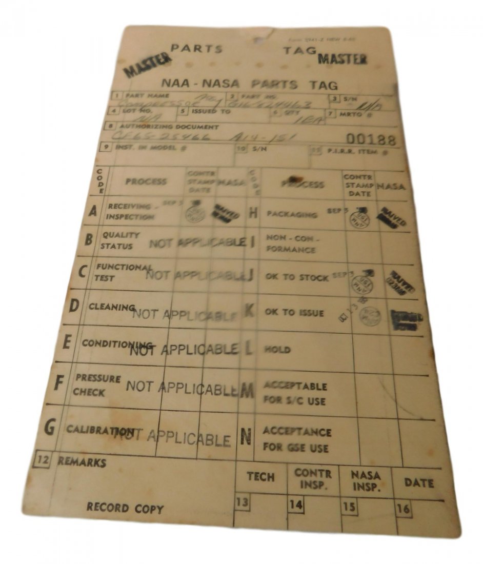 NAS APOLLO MISSION  1968 PARTS TAG (1 of 4)