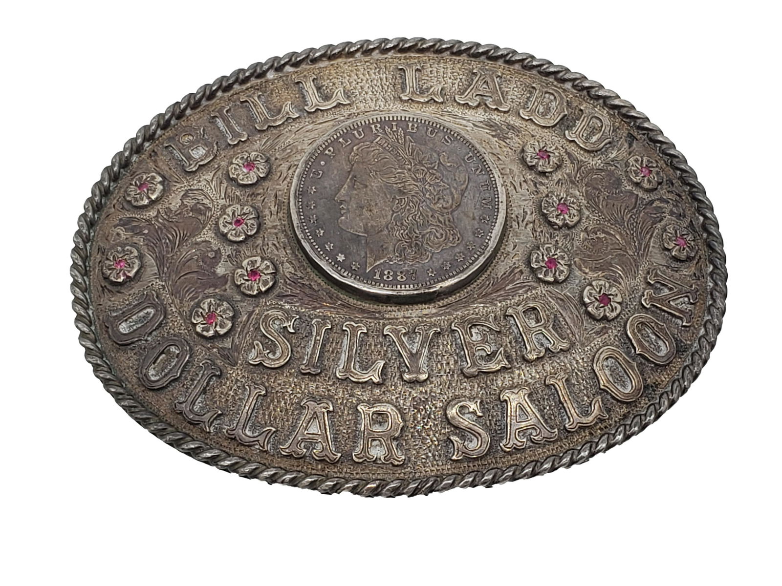 VINTAGE SILVER DOLLAR SALOON BILL LADD BELT BUCKLE: Vintage Bill Ladd Belt Buckle Silver Dollar Saloon with 1887 Morgan Silver Dollar weight 159.9 Grams All item for this Auction Located in in Hollywood Florida Warehouse For Shipping Call today for quo