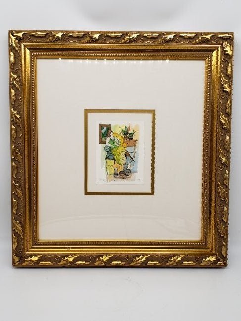 Itzchak Tarkay Serigraph.Signed- Numbered 33/72: Itzchak Tarkay Serigraph Numbered 33/72 With Certificate Of Authenticity Titled "Lady With Plants" With Gilded Frame. Frame- 17 1/8" x 18 1/2" Serigraph-5 1/4" x 4"