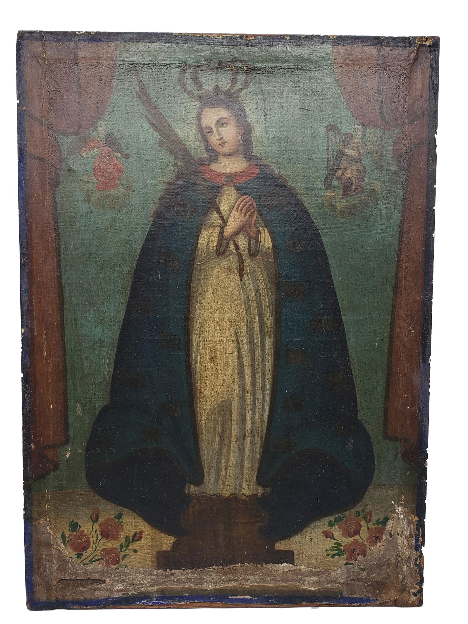 RARE CUSCO SCHOOL 1800S OIL ON CANVAS PAINTING: Cusco School 1800s Oil on Canvas Woman Holding Wheat with 2 Angels on Either Side Playing Violin and Harp. Damage on top and bottom due to age. RARE25"x17"