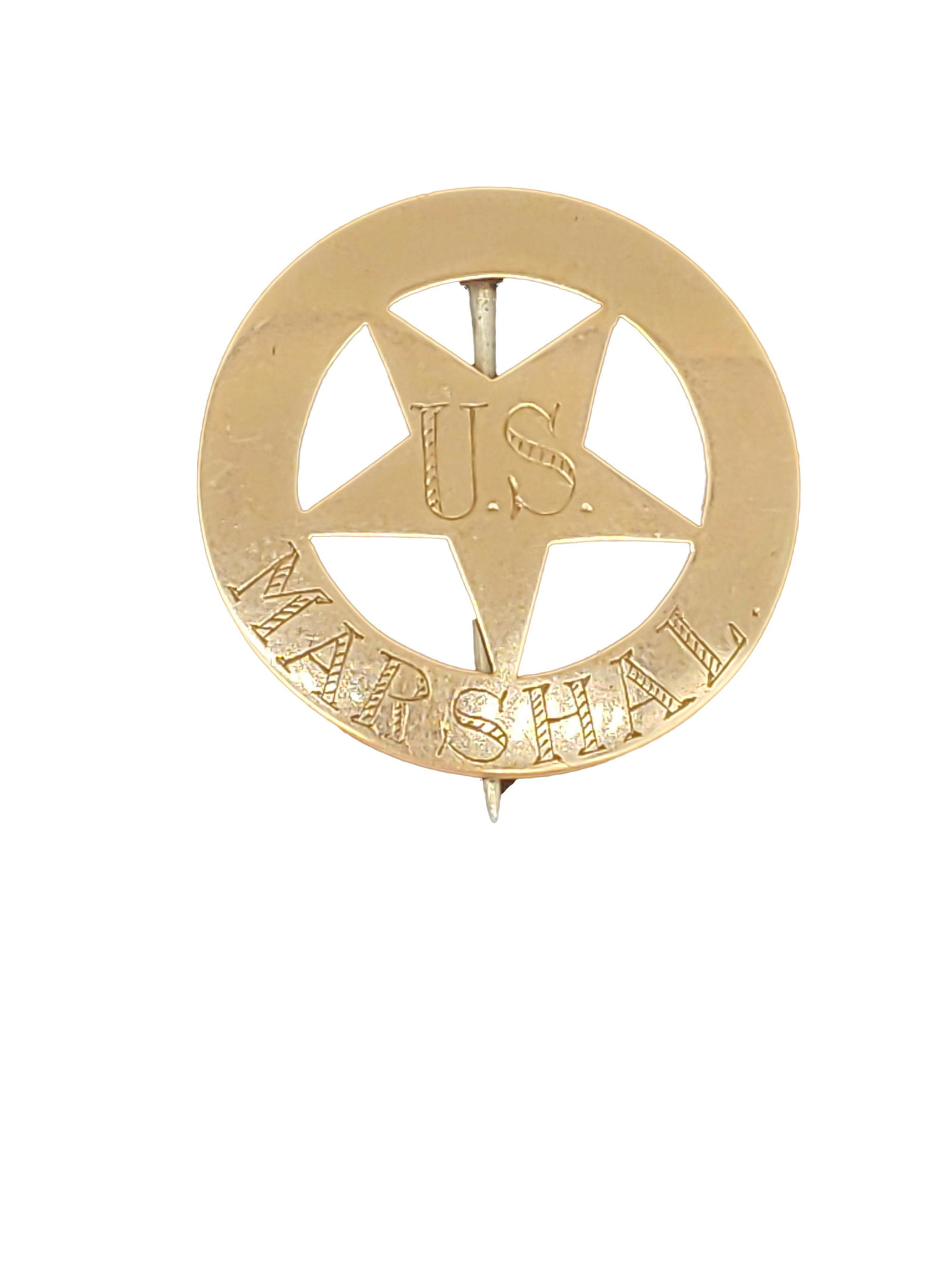 ANTIQUE OLD WEST U.S. MARSHALLS PIN 14KT GOLD: Antique Old West U.S. Marshalls Pin 14 Karat Gold Piece is 1 3/8" x 1 3/8" Weight - 8/1 Grams All item for this Auction Located in in Hollywood Florida Warehouse For Shipping Call today for quote they