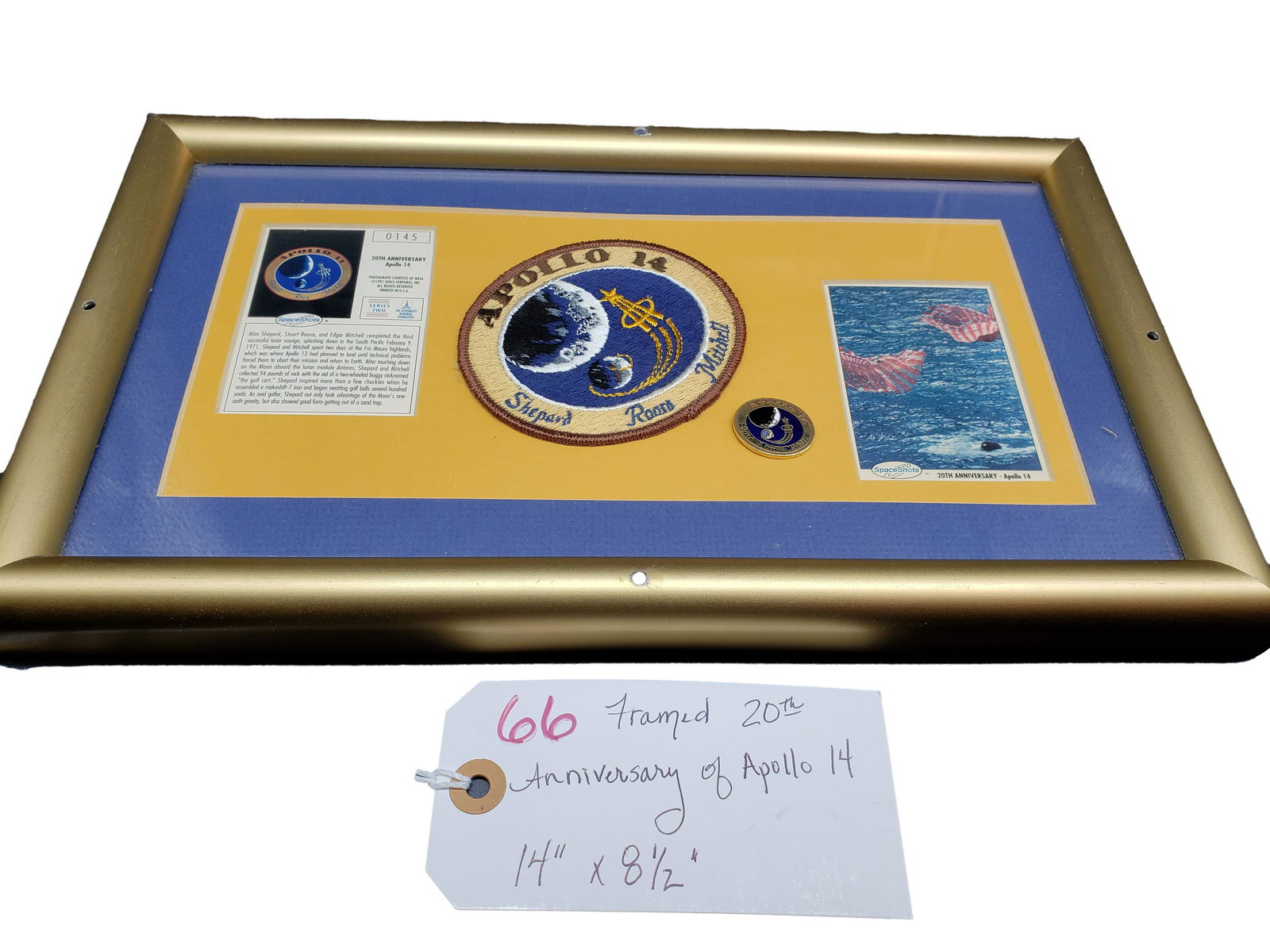 FRAMED 20TH ANNIVERSARY OF APOLLO 14: Framed 20th Anniversary Of Apollo 14 Piece is 14" x 8 1/2" All items are from the Estate of Charles Bell space auction in May of 2000 All item for this Auction Located in in Hollywood Florida Warehous