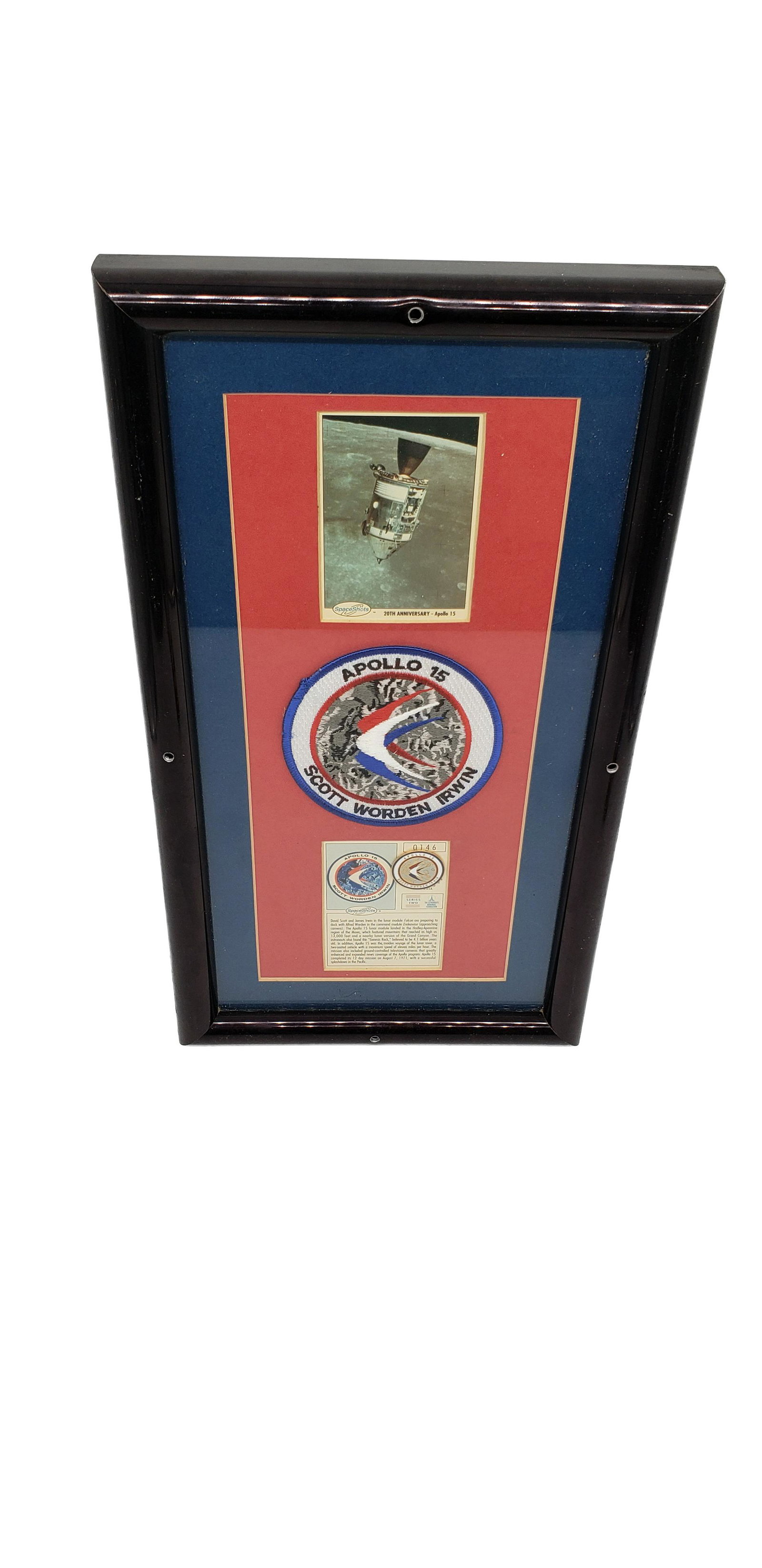 NASA SCOTT WORDEN AND IRWIN COMMAND MODULE PATCH AND: NASA Scott Worden and Irwin Command Module Space Shots Patch and Pin Piece is 12" x 5" Frame is 15" x 8 1/2" All items are from the Estate of Charles Bell space auction in May of 2000 All item for thi
