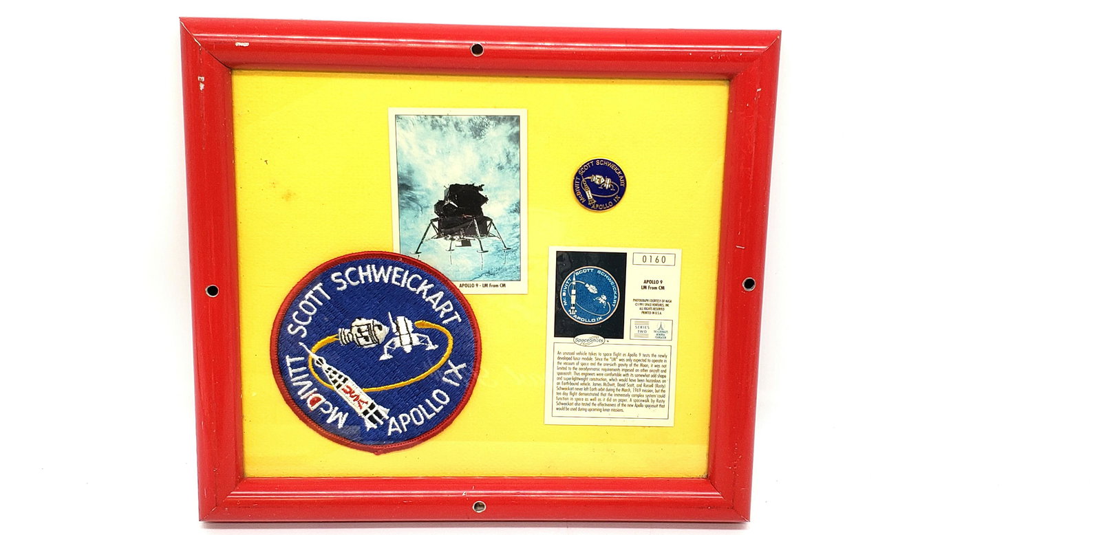 NASA APOLLO SCOTT SCHEICKART AND MCDIVITT LUNAR MODULE: NASA Apollo Mission Scott, Schweickart, and McDivitt Lunar Module Spaceshot Patch and Pin Piece is 9" x 8" Frame is 10 3/4" x 9 1/2" All items are from the Estate of Charles Bell space auction in May