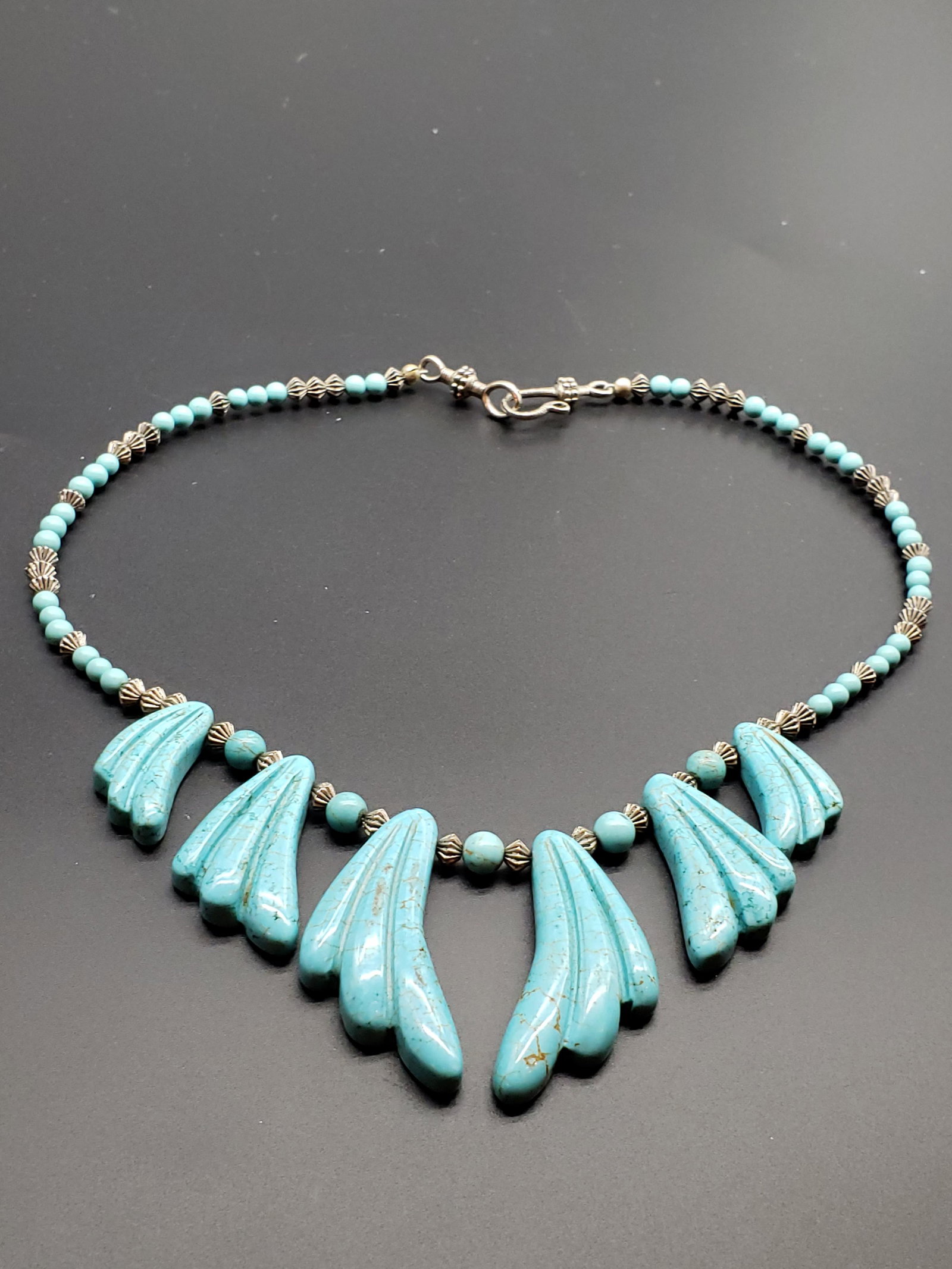 STERLING & TURQUOISE NECKLACE: Silver & Turquoise Necklace Piece is 17 1/2" Long x 1 1/2" All items for this Auction Located in in Hollywood Florida Warehouse For Shipping Call today for quote they have item numbers and Pak Mail is