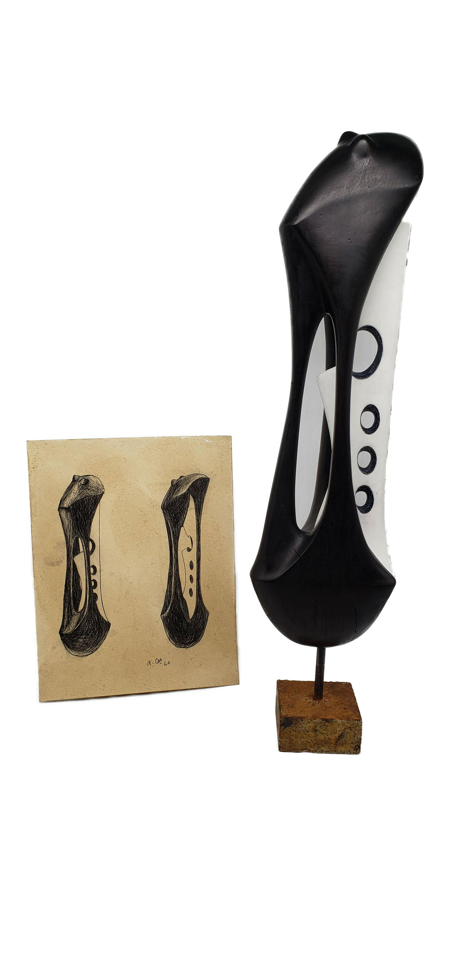 AUGUSTIN CARDENAS WOOD SCULTPURE WITH ORIGINAL SKETCH (1 of 8)