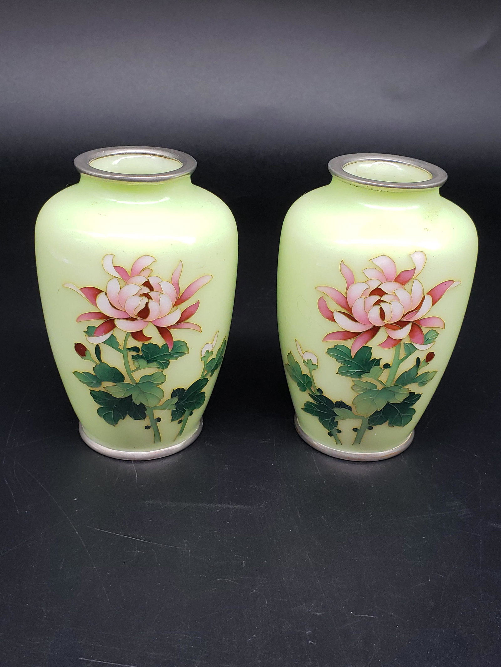 SILVER ENAMEL 19TH CENTURY CHINESE PAIR OF VASES: Silver Enamel Chinese 19th Century Pair of Vases Piece is 3 1/2" x 2 1/4" All items Located in in Hollywood Florida Warehouse For Shipping Call today for quote they have item numbers and Pak Mail is a