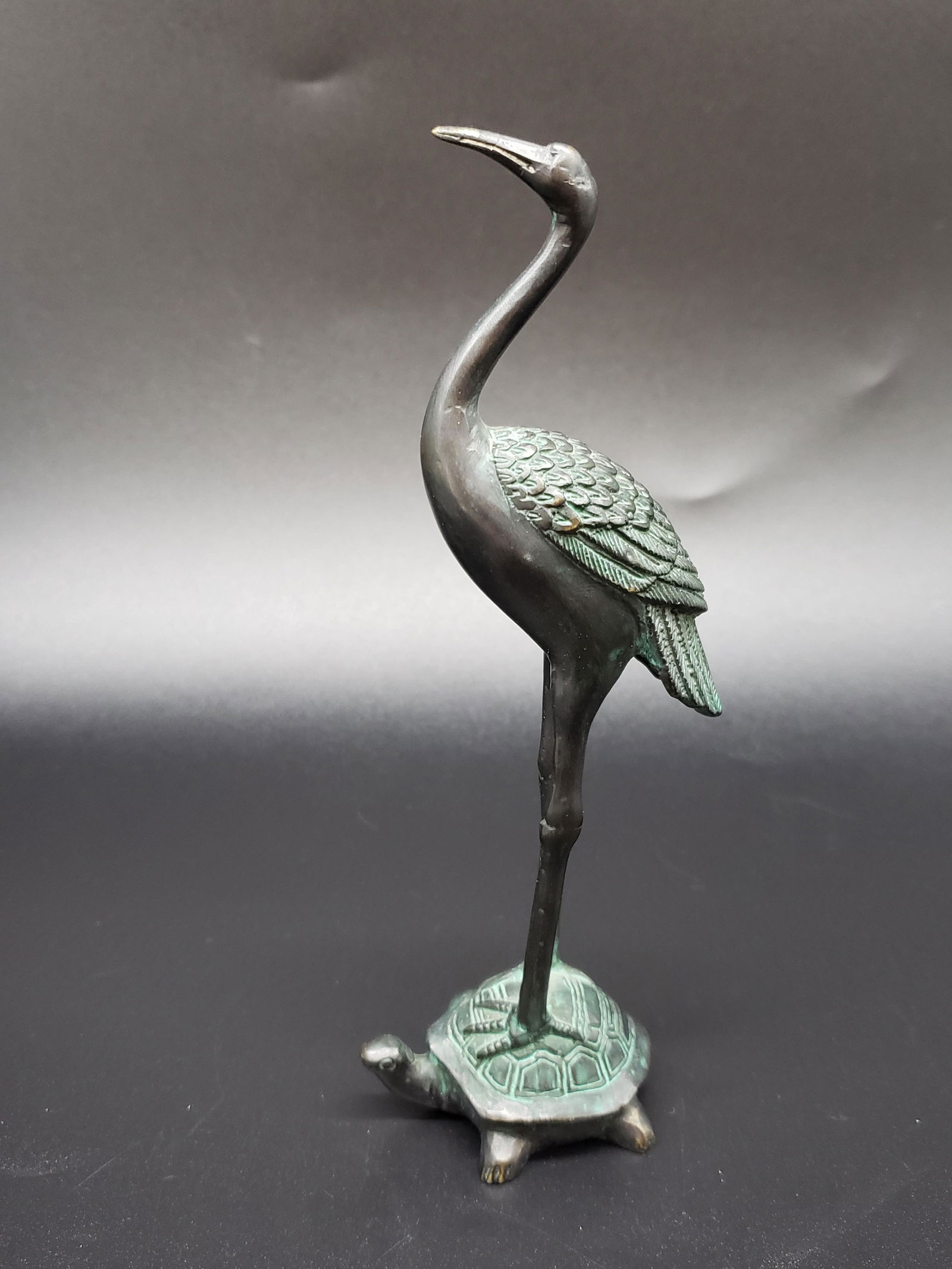 VINTAGE BRONZE FLAMINGO STANDING ON TURTLE (1 of 3)