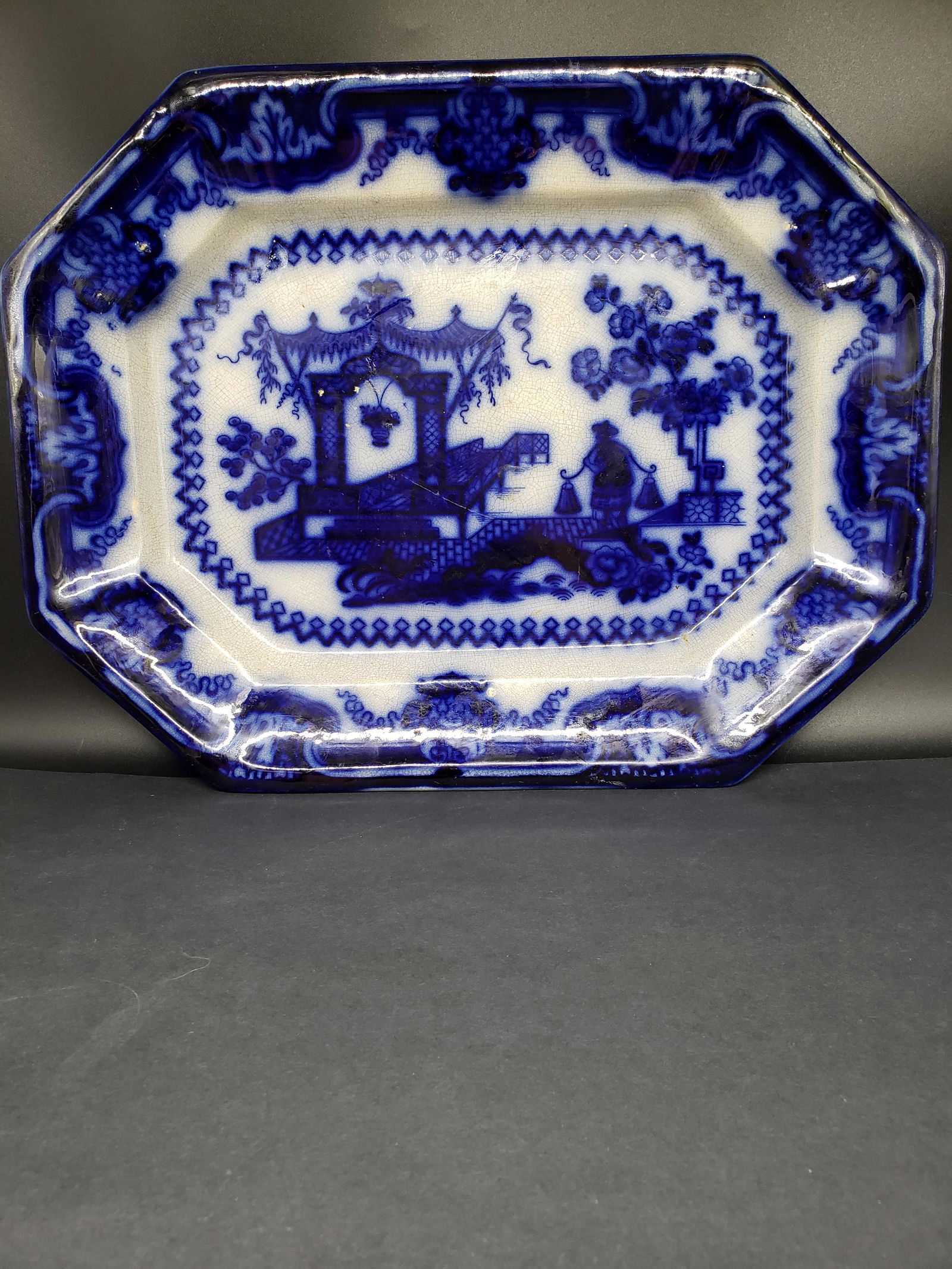 FLOW BLUE PLATTER OREGON CHINESE PORCELAIN LONGPORT (1 of 5)