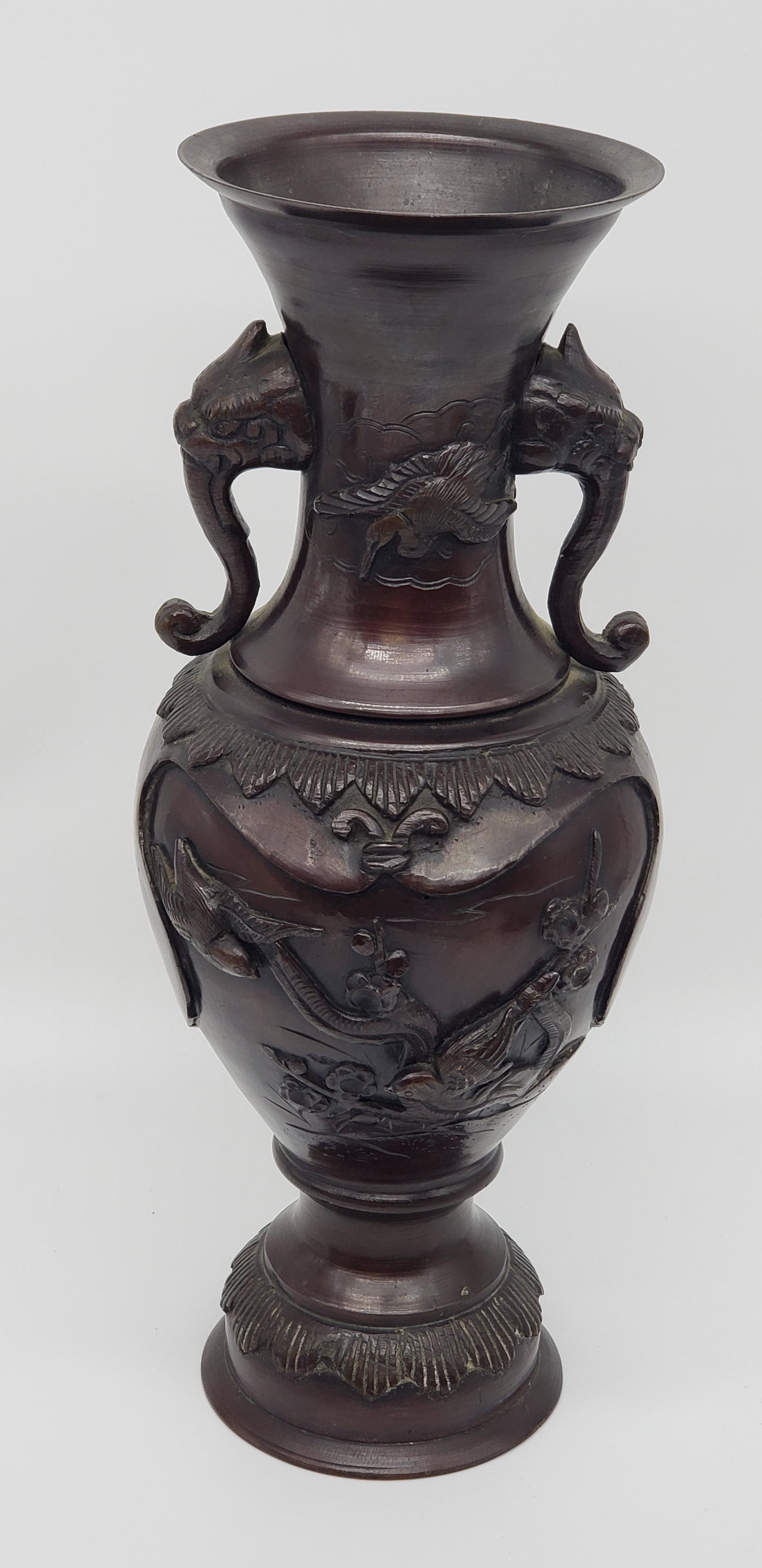 ANTIQUE ASIAN BRONZE VASE WITH FOO DOGS AND BIRDS (1 of 4)