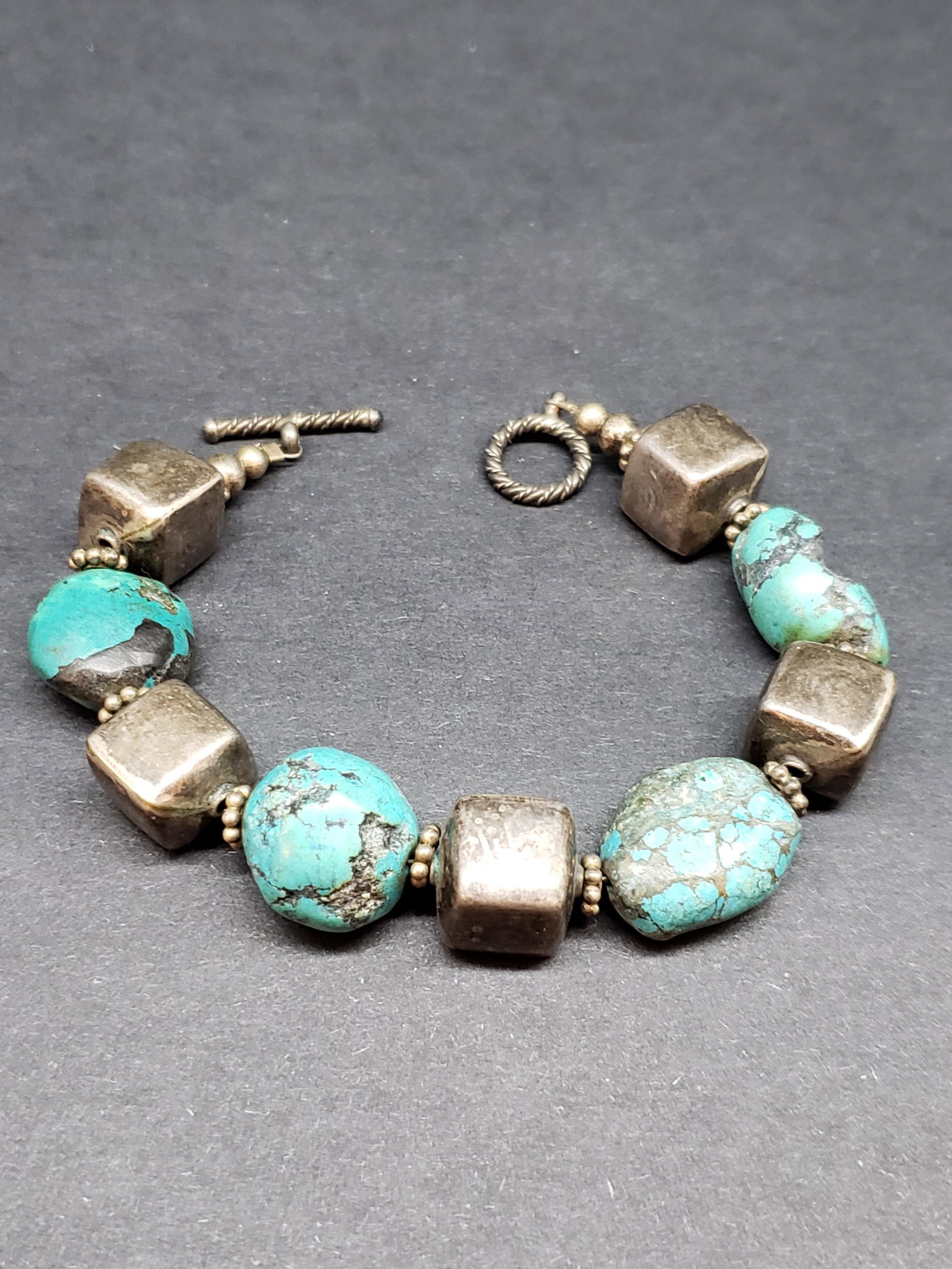 TURQUOISE & STERLING SILVER BRACELET: Turquoise & Sterling Silver Bracelet Piece is 8" Long All items Located in in Hollywood Florida Warehouse For Shipping Call today for quote they have item numbers and Pak Mail is available for all you