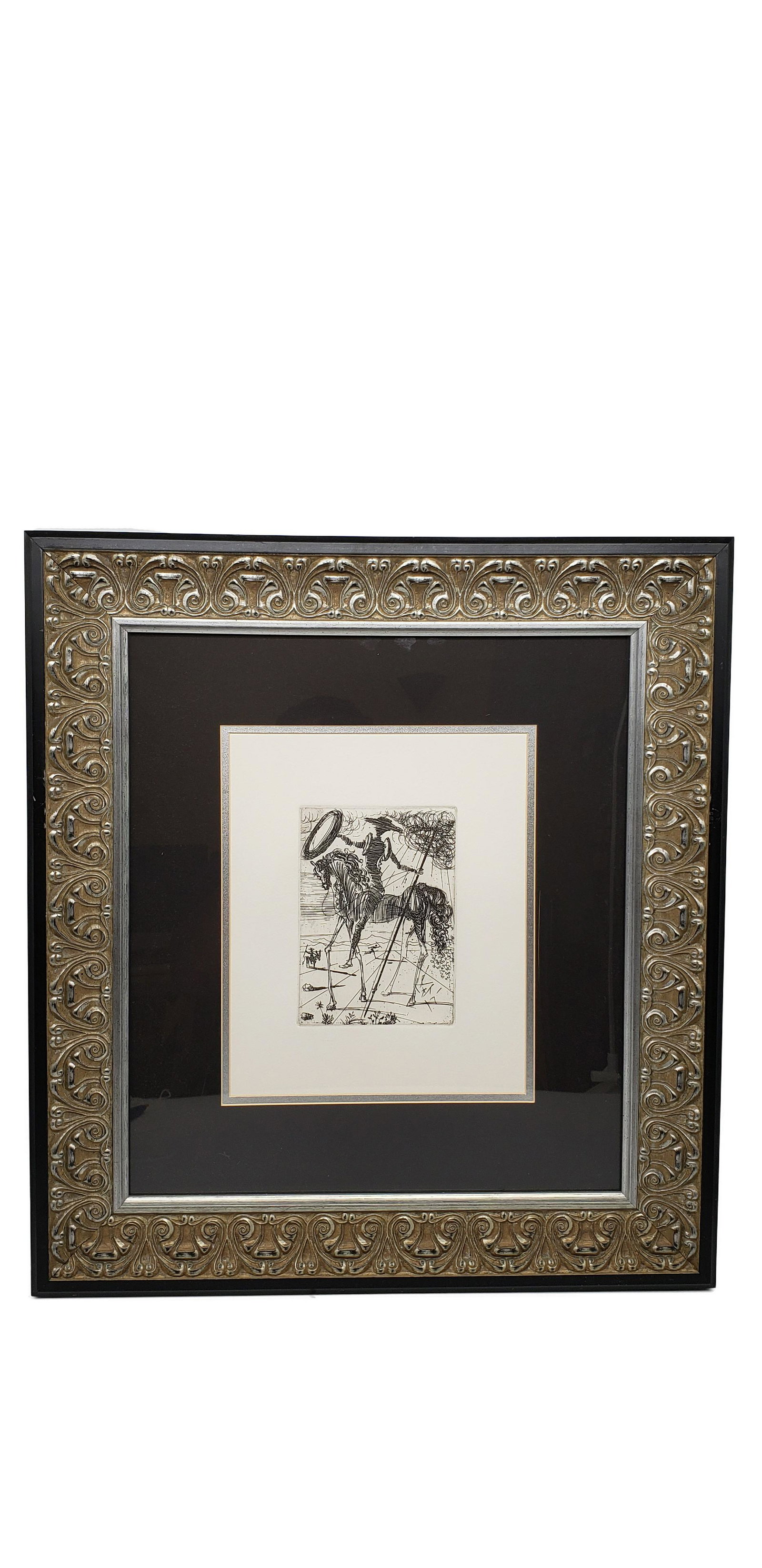 SALVADOR DALI ETCHING RESTRIKE "DON QUIXOTE". SIGNED: Salvador Dali Etching Restrike "Don Quixote". Plate signed. Piece is 10 1/2" x 9" Frame is 22 1/2" x 20 1/2"Salvador Domingo Felipe Jacinto Dalí i Domènech, 1st Marquess of Dalí de Púbol Catalan: 