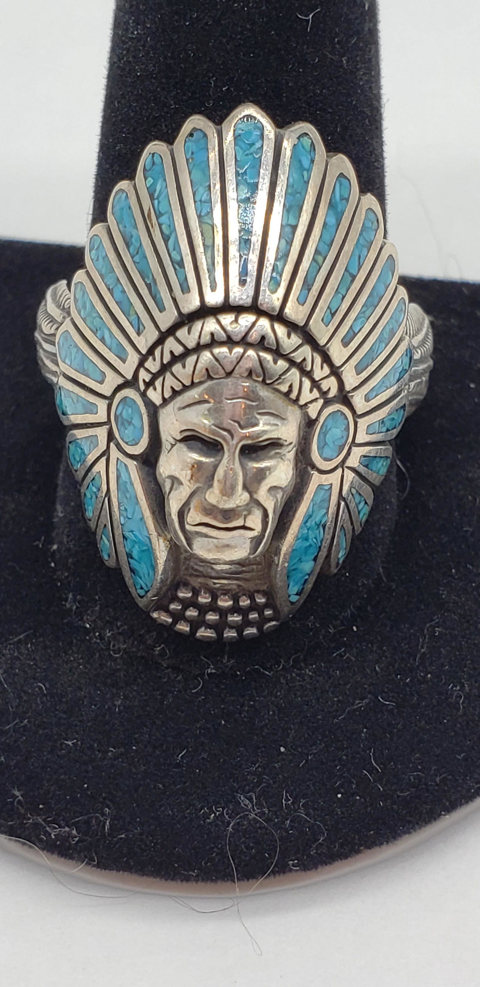 TURQUOISE AND STERLING SILVER INDIAN CHIEF RING (1 of 4)