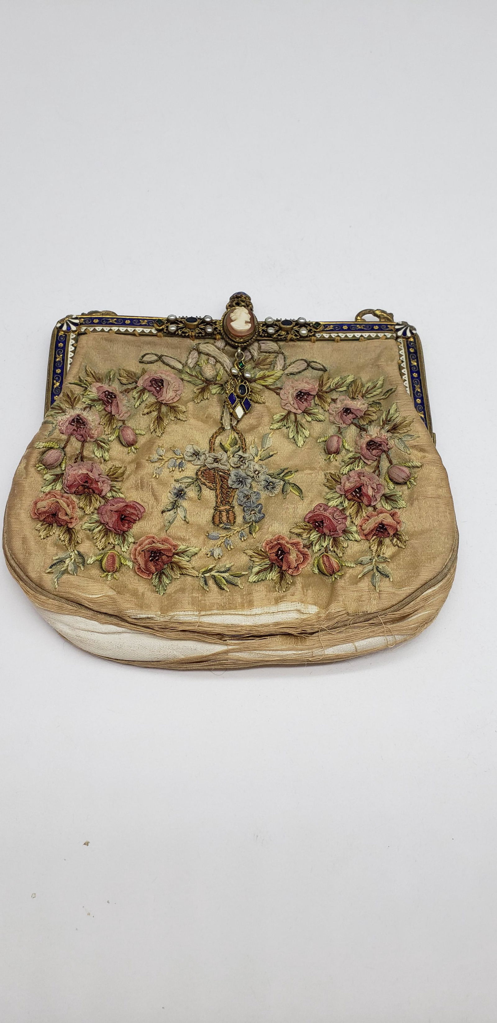 EARLY FRENCH SILK PETIT POINT ENAMELED JEWELED HANDBAG (1 of 7)