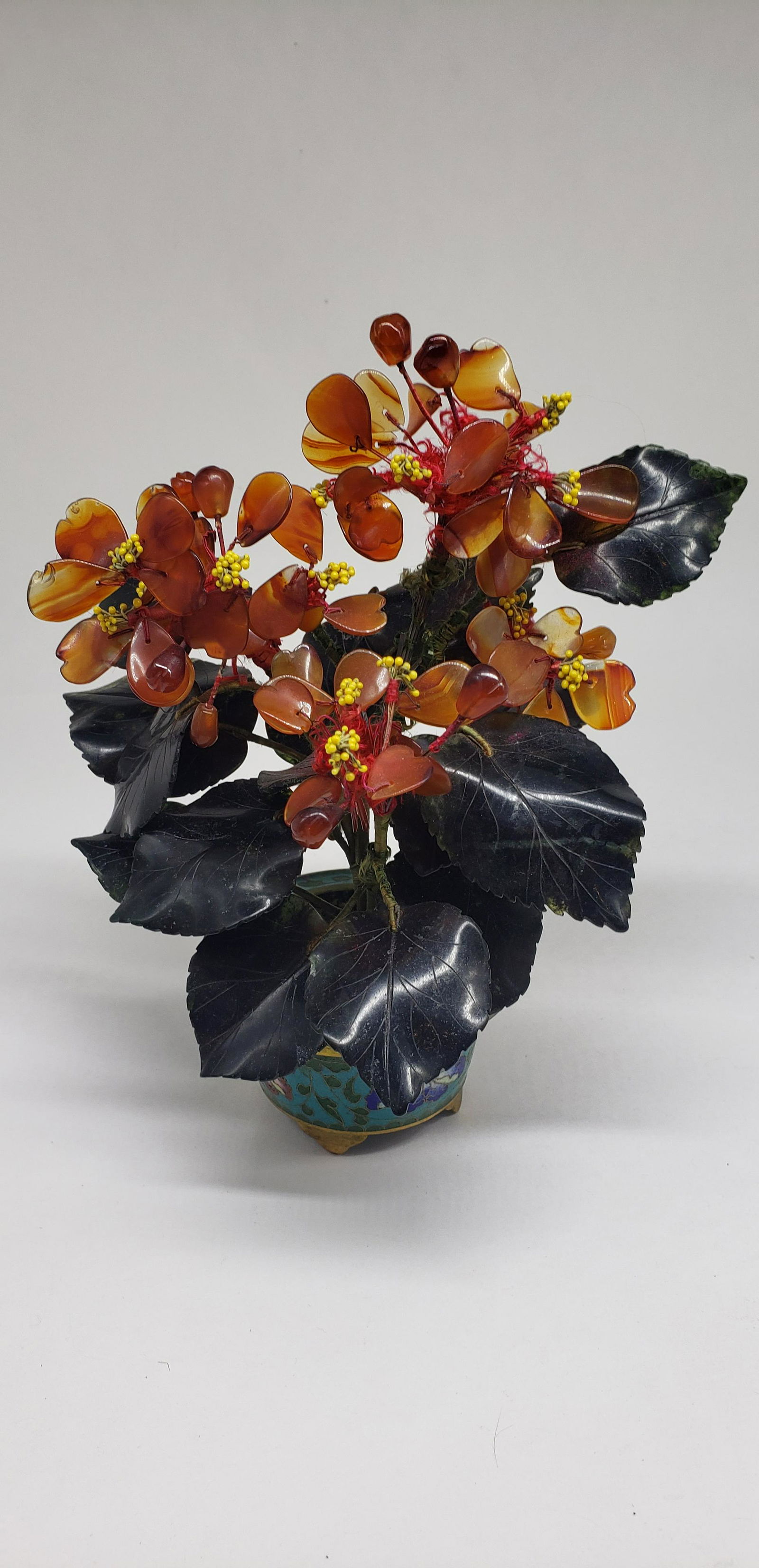 CHINESE HAND CARVED CLOISONNE AMBER PLANT (1 of 2)