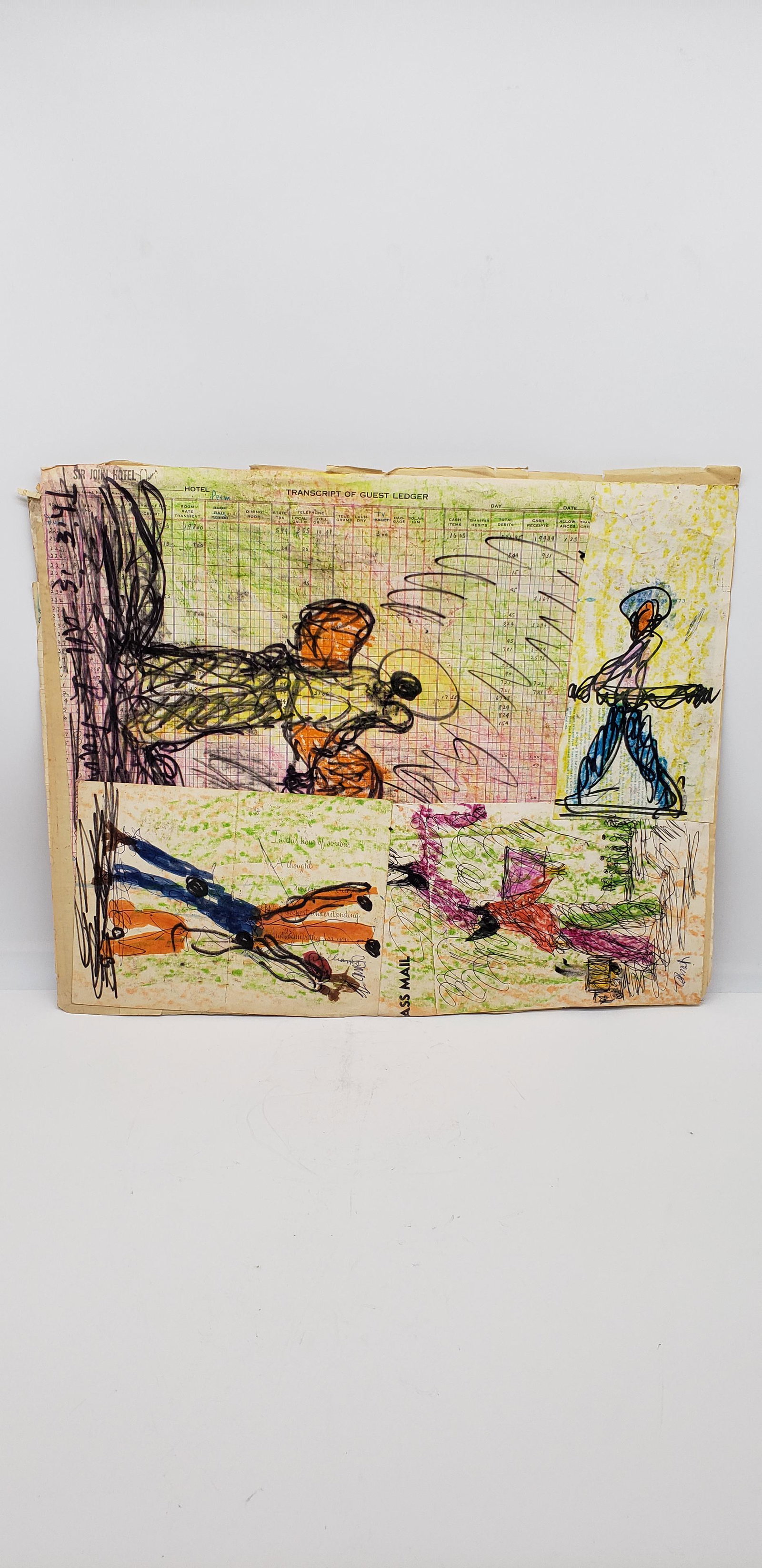 PURVIS YOUNG WATERCOLOR ON SIR JOHN HOTEL GUEST LEDGER: PURVIS YOUNG WATERCOLOR ON SIR JOHN HOTEL GUEST LEDGER AND GREETING CARDS 17" X 13 3/4" Purvis Young (February 4, 1943 â€“ April 20, 2010) was an American artist from the Overtown neighborhood of