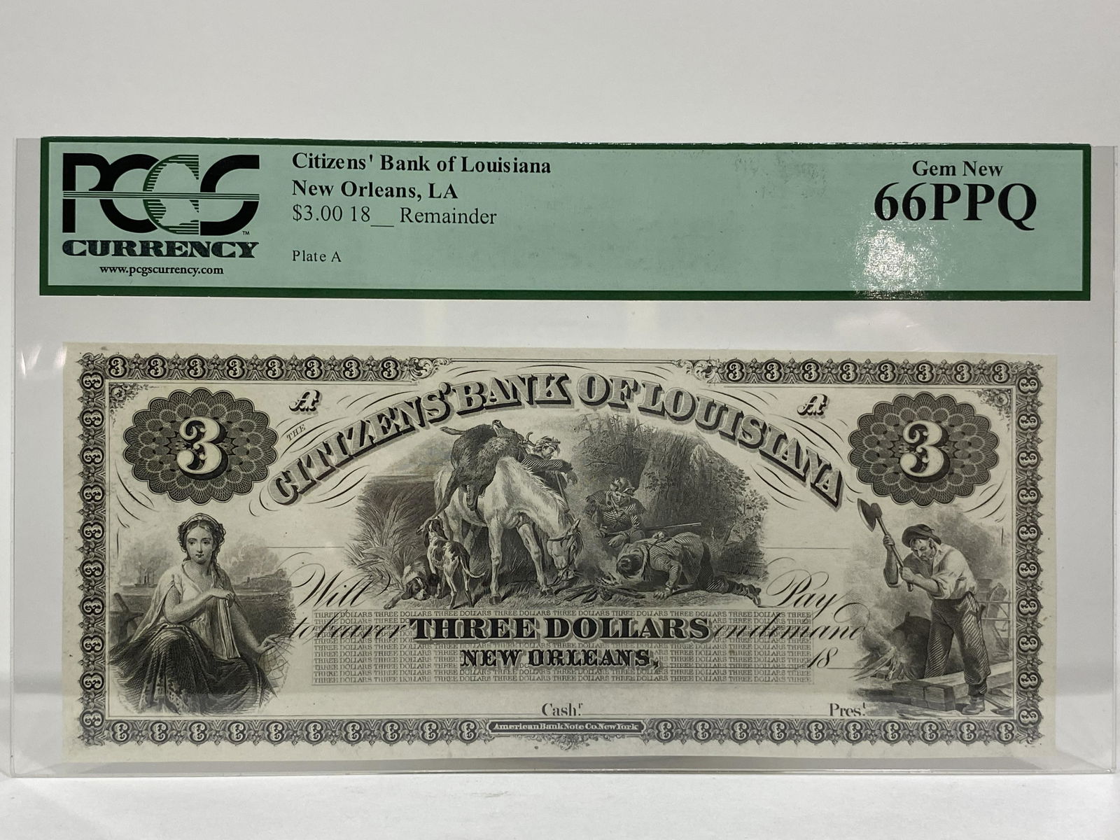 OBSOLETE CITIZENS BANK OF LOUISIANA $3 THREE DOLLAR BANKNOTE (1 of 2)