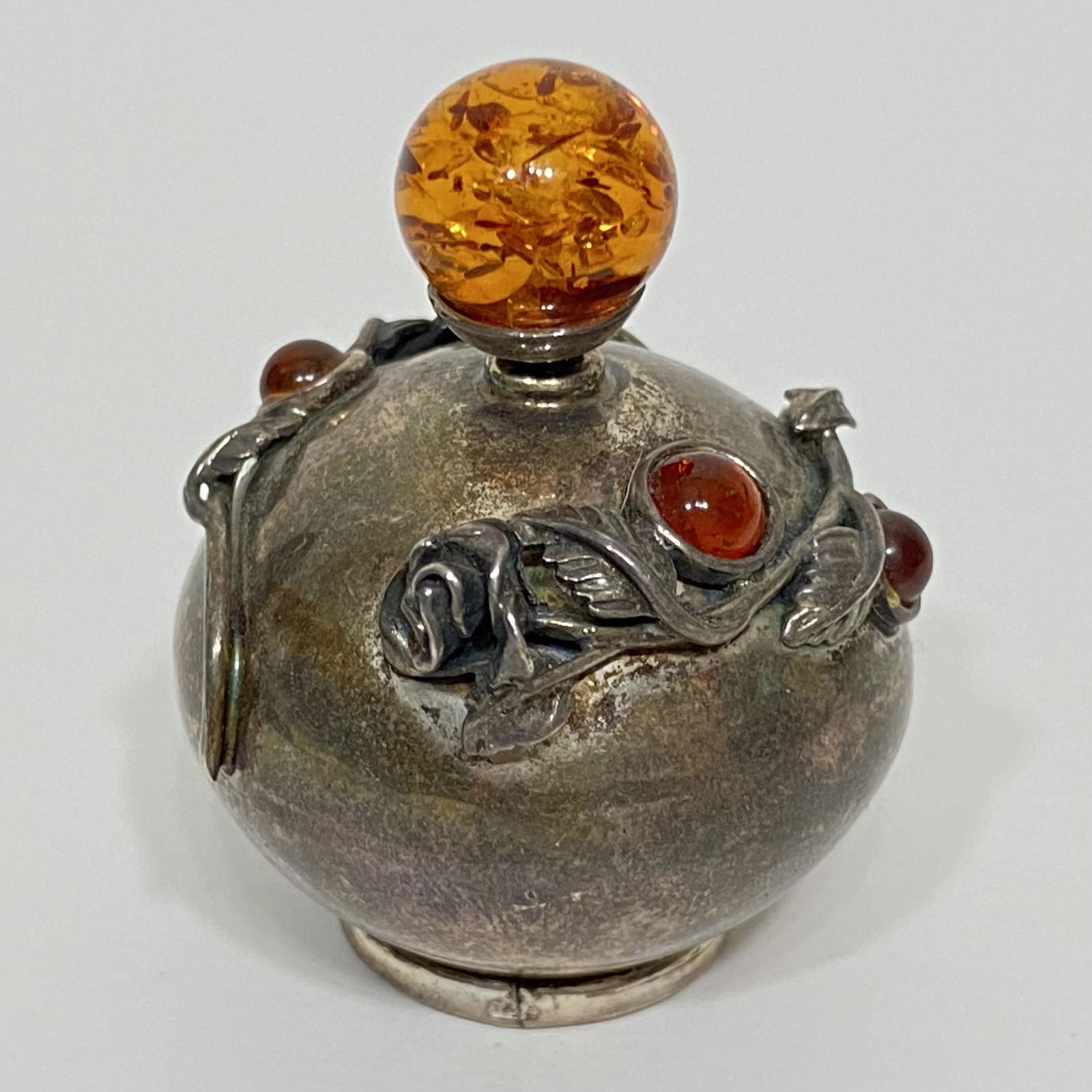 STERLING SILVER & CABOCHON AMBER ROUND MINIATURE PERFUME SCENT BOTTLE (1 of 4)