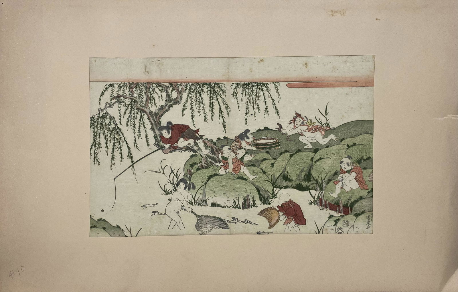 ORIGINAL JAPANESE WOODBLOCK ART EROTIC PICTORIAL FISHING SCENE: ORIGINAL JAPANESE WOODBLOCK ART EROTIC PICTORIAL FISHING SCENE——MEASURES APPROXIMATELY —14"X9" (MATTING SIZE 23"X14")—— OUR CURRENT AUCTION FEATURES MANY MORE PRE-COLUMBI