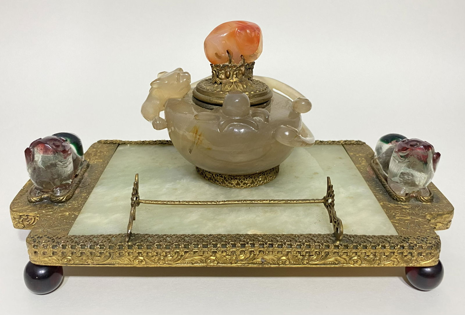 RARE DESIGNER EDWARD FARMER CHINESE CARVED JADE & AGATE DRAGON INKWELL W/ GOLD GILT FILIGREE (1 of 9)