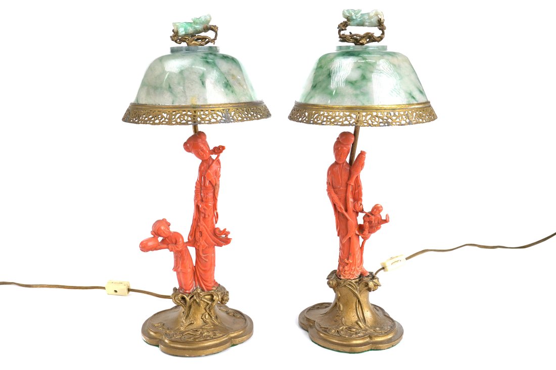 RARE EDWARD J FARMER JADE & RED CORAL LAMPS (1 of 9)