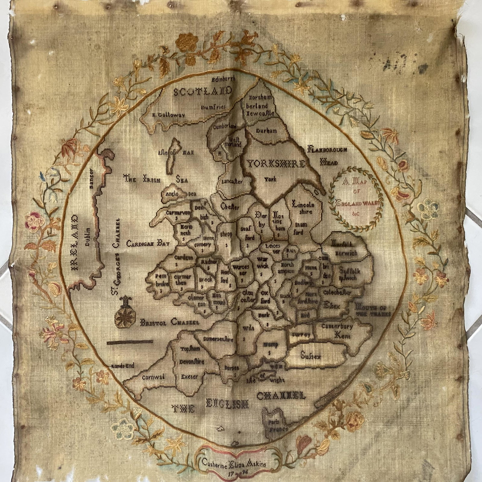 RARE ANTIQUE 1796 NEEDLEPOINT SAMPLER MAP OF ENGLAND WALES: RARE ANTIQUE 1796 NEEDLEPOINT SAMPLER MAP OF ENGLAND WALES ——MEASURES APPROXIMATELY —21"X22"——All items Located in Hollywood Florida Warehouse. Thank you for your inquiry