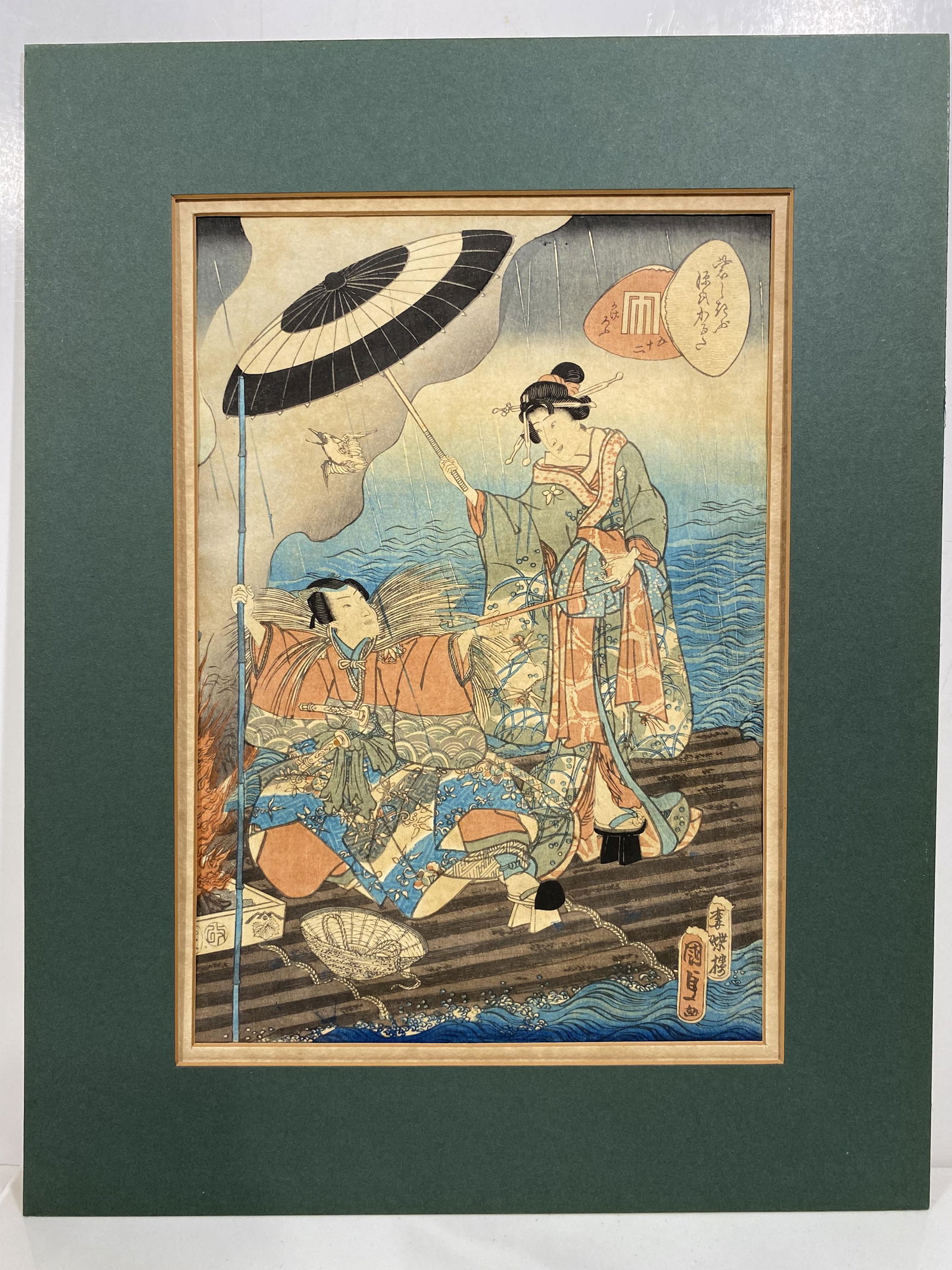 ORIGINAL SIGNED JAPANESE WOODBLOCK ART PRINT BY KUNISADA UMBRELLA IN RAIN (1 of 5)